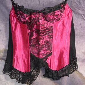 Pink Satiny Corset with Black Lace SZ 36B